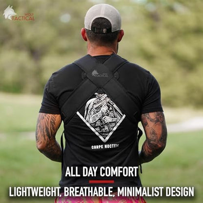 Father wearing military style tactical baby carrier outdoors