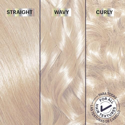 Before and after hair color results from dark brown to icy platinum blonde using PL3 shade.