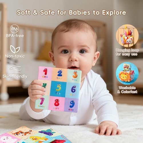 Side view of the Yisryerow baby toy showing educational number and color graphics on the fabric