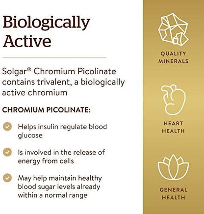 Side view of authentic Solgar Chromium Picolinate 200 mcg amber glass bottle.