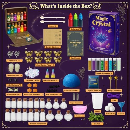 AMIZEY magic potion craft set showing twenty individual mini bottles with colorful glitter liquids.