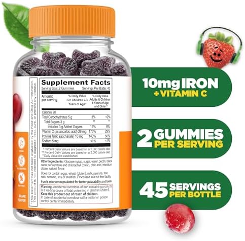 Lifeable kids vegan iron ten milligram dietary supplement label ingredients side view