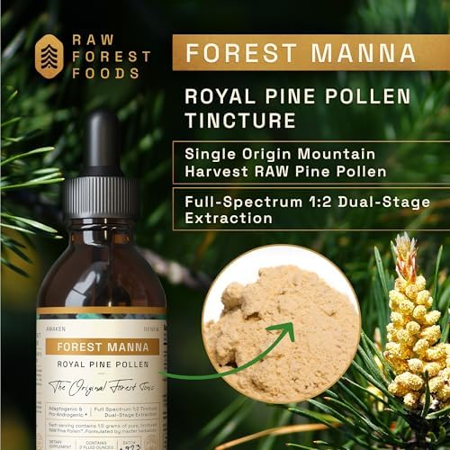 Raw Forest Foods cracked cell wall pine pollen tonic dropper bottle for hormonal vitality