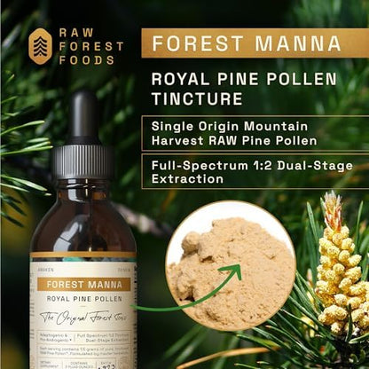 Raw Forest Foods cracked cell wall pine pollen tonic dropper bottle for hormonal vitality