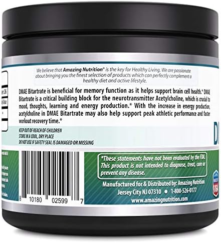 Supplement facts label and ingredient list on the back of the unflavored DMAE bitartrate nootropic container.