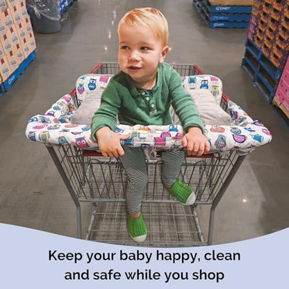 Suessie baby cart seat protector installed on a grocery trolley showing the integrated clear phone pocket.