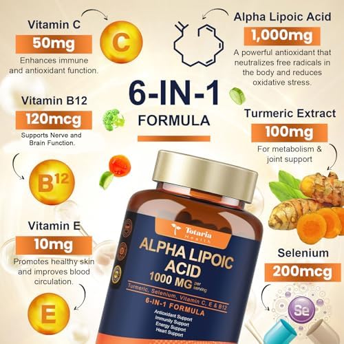 Totaria Alpha Lipoic Acid supplement bottle showing 6-in-1 formula ingredients and vegan icons