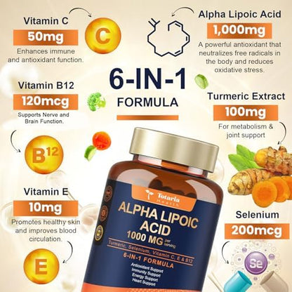 Totaria Alpha Lipoic Acid supplement bottle showing 6-in-1 formula ingredients and vegan icons