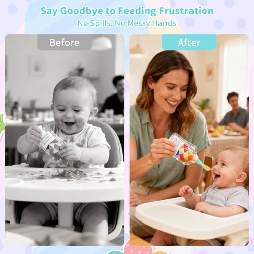 Demonstration of the mess free feeding attachment connecting to an organic baby food pouch for travel convenience.