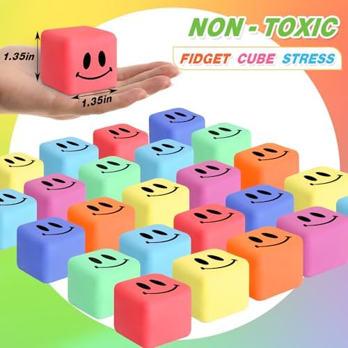 A hand squeezing a single slow-rising square ice cube stress ball to demonstrate its squishy texture.