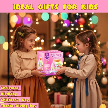 Authentic Swaitee unicorn miniatures and castle decorative accessories arranged on colorful sand layers.