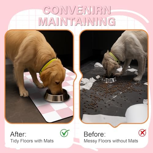 Cat Food Mat - 12"x 20" Cat Dog Mats for Food and Water Bowl, Checkered Pet Placemat Feeding Mat, Non-Slip Under Pet Bowls Mats for Messy Drinkers, Pink & White - Image 4