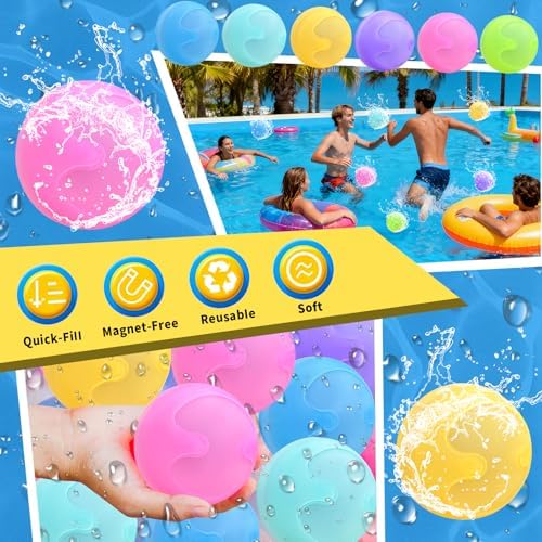 Six piece pack of premium imported silicone splash balls displaying vibrant summer colors