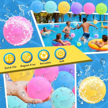 Six piece pack of premium imported silicone splash balls displaying vibrant summer colors