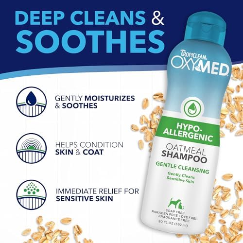 TropiClean oatmeal shampoo bottle in a lifestyle setting