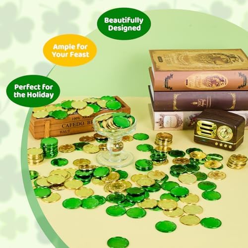 Festive clear glass vase filled with green and gold luck tokens