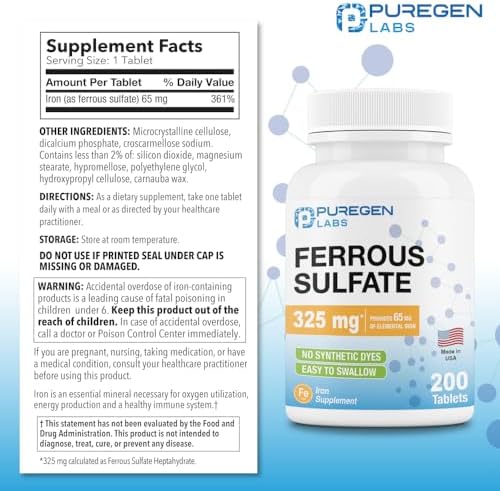 Puregen Labs iron supplement tablets packaging showing nutritional facts label