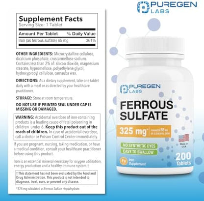 Puregen Labs iron supplement tablets packaging showing nutritional facts label