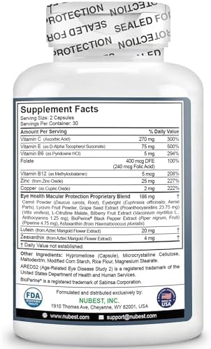 NuBest AREDS 2 supplement capsules displayed next to the product packaging