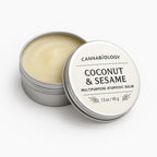 CANNABIOLOGY EST. 2016 Coconut and Sesame Multipurpose Ayurvedic Balm front view 1.5 ounce tin