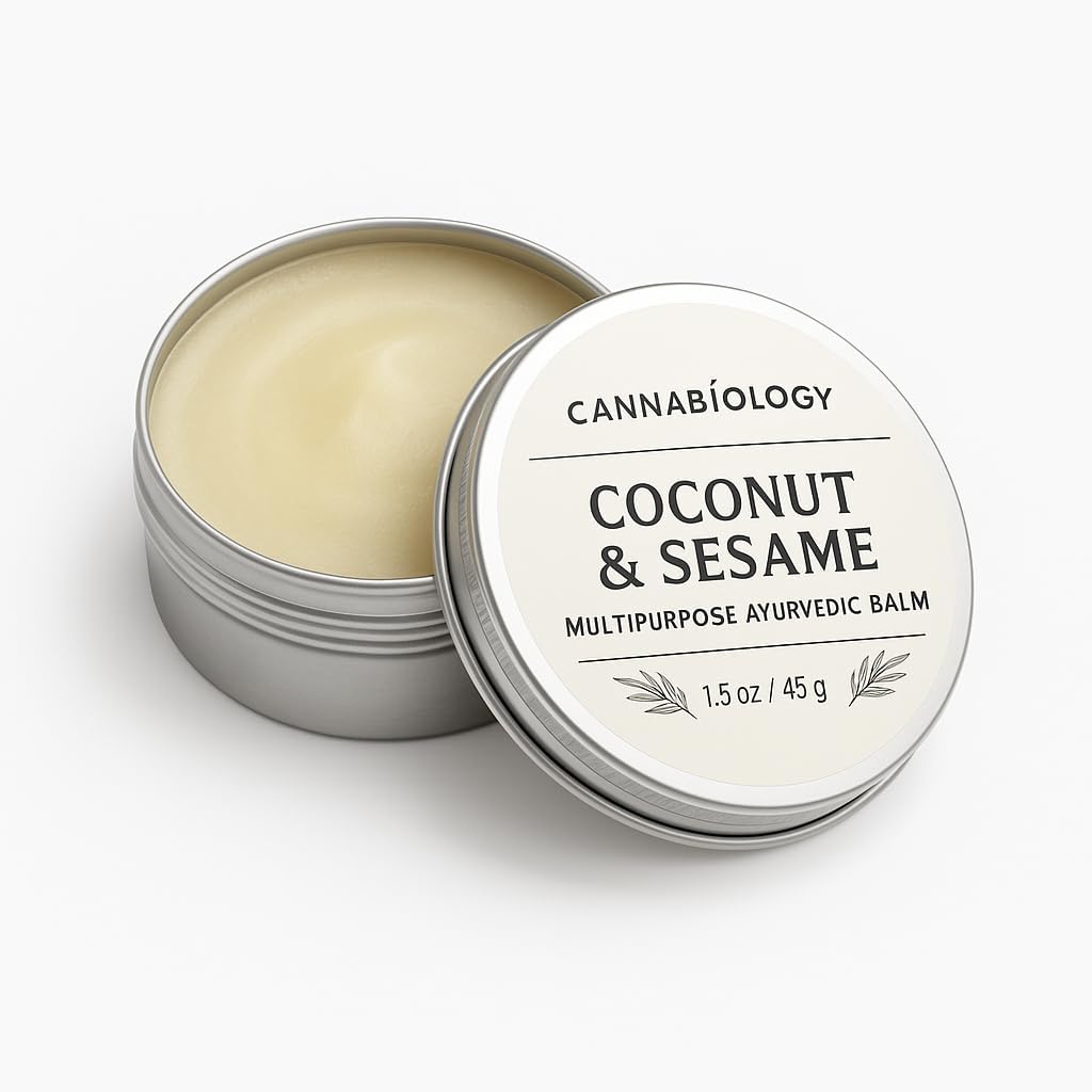 CANNABIOLOGY EST. 2016 Coconut and Sesame Multipurpose Ayurvedic Balm front view 1.5 ounce tin