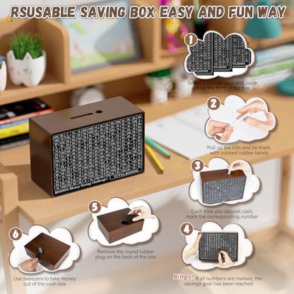 Gomyrod cash savings box lifestyle display on a home office desk showing the included tweezers and rubber band pack.
