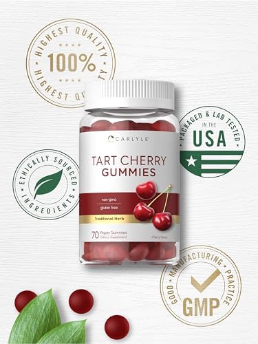 Carlyle Tart Cherry Gummies bottle side angle showing dietary attribute seals.