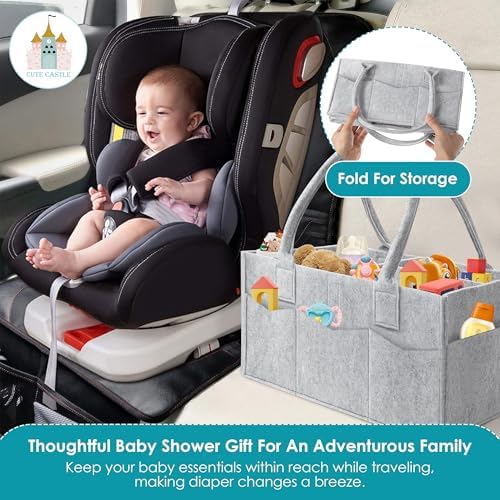 Cute Castle baby caddy packed with diapers and baby wipes