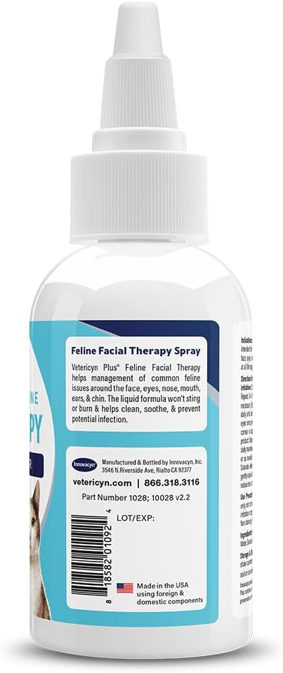 Side profile of Vetericyn Feline Facial Therapy packaging displaying instructions and ingredients.