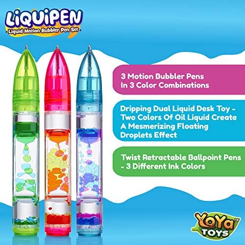 Three YoYa Toys liquid motion pens in red green and blue