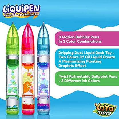 Three YoYa Toys liquid motion pens in red green and blue