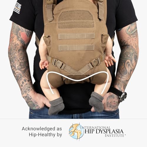Tactical Baby Gear infant carrier rear view highlighting the criss-crossed air mesh padded shoulder straps for ergonomic father use.