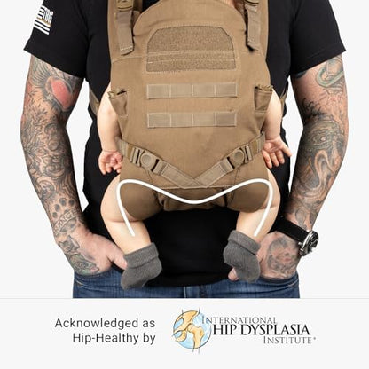 Tactical Baby Gear infant carrier rear view highlighting the criss-crossed air mesh padded shoulder straps for ergonomic father use.