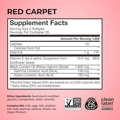Side view of HUM Nutrition Red Carpet bottle displaying non-GMO and gluten-free certification labels