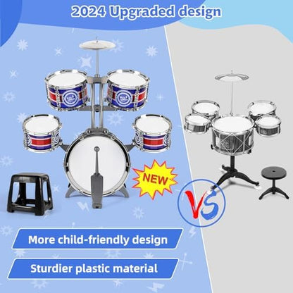 Toddler toy drum kit with adjustable stool and foot pedal setup