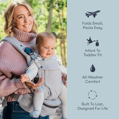 Adjustable waistband and straps on the black breathable toddler carrier.