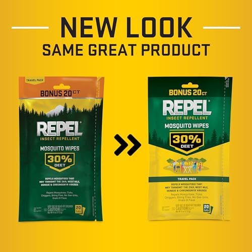 Repel 20 count bug repellent towelettes pouch side angle display for outdoor travel safety