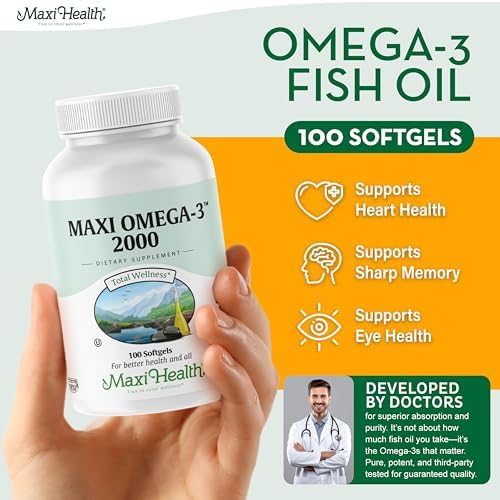 Maxi Health triple strength fish oil dietary supplement bottle showing nutritional facts label