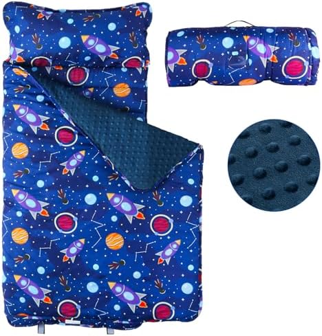 Orrhomi kids slumber bag unrolled with attached blanket showing organic cotton filling