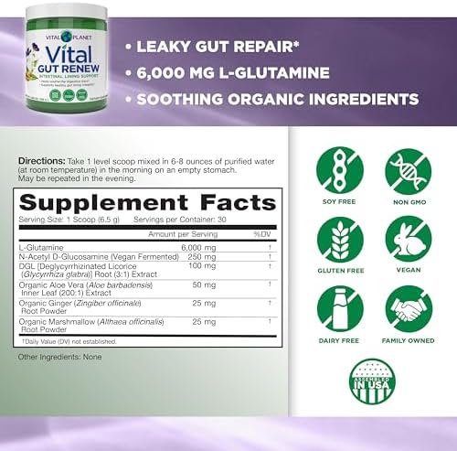 Vital Planet Gut Renew powder label showing L-Glutamine and botanical ingredients