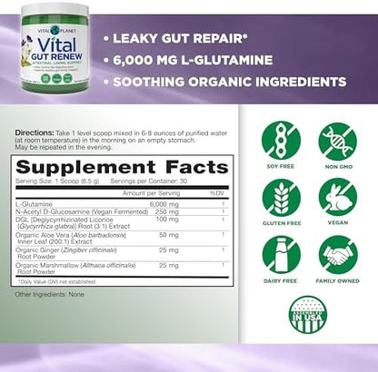 Vital Planet Gut Renew powder label showing L-Glutamine and botanical ingredients