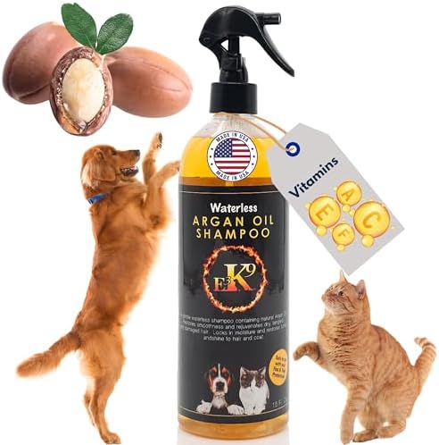 Dry dog shampoo infused with argan oil for shiny coat