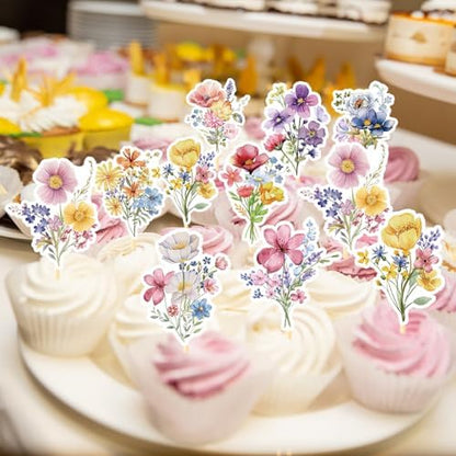 Detailed view of daisy and rose design wildflower cupcake toppers