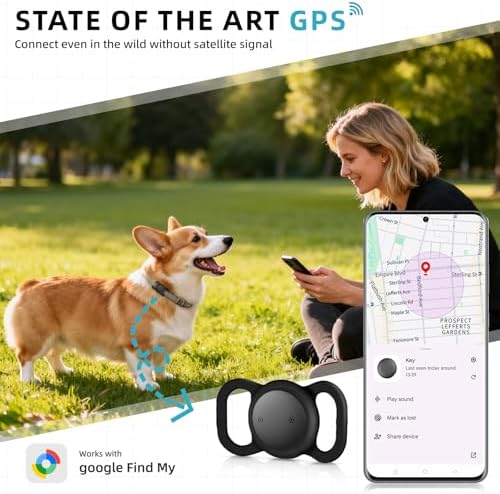 Vebiso mini dog tracking device displaying the Google Find My Device smartphone application interface.