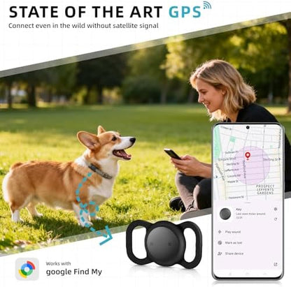 Vebiso mini dog tracking device displaying the Google Find My Device smartphone application interface.
