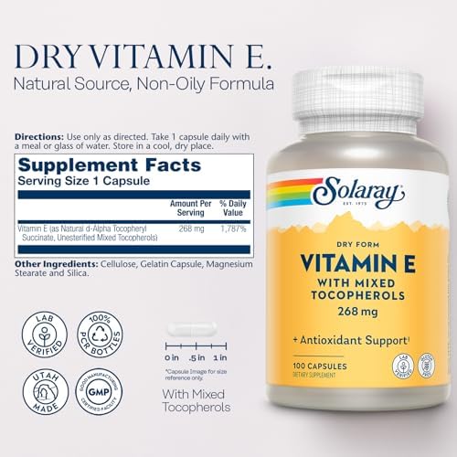 Solaray Dry Vitamin E 268mg capsule packaging showing nutritional facts label