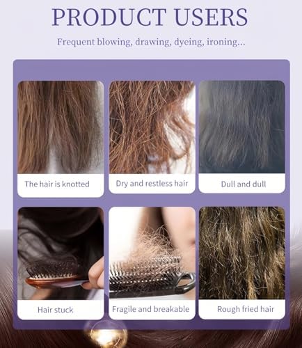 Liquid texture of purple hair essential oil on hand illustrating lightweight serum consistency