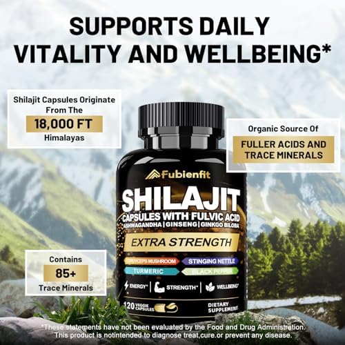 Fubienfit extra strength shilajit supplement ingredients label highlighting fulvic acid and trace minerals