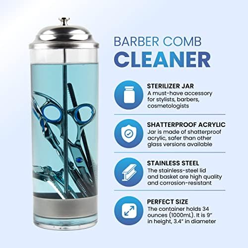 Shatterproof barber alcohol container with stainless steel lifting basket removed