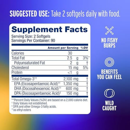 Ocean Blue wild caught sustainable fish oil capsules manufacturing quality assurance and purity seals.